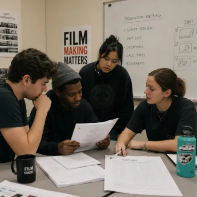 Film students collaborating on production workflows, shot lists, and script reviews in a classroom utilizing educational tools for industry-ready skills.