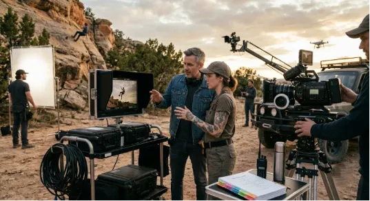 Two crew members on a movie set look at a video monitor showing a stuntman on a cliff face, with filming equipment, other people, and a four-wheeler in the background in a desert.