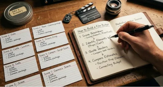A top-down view of a desk where a filmmaker writes budgeting steps in a journal next to scene breakdown index cards, a mini clapperboard, and a camera lens.