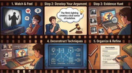 A five-panel infographic framed by a vintage filmstrip, illustrating the 5 steps: Watch & Feel, Develop Argument, Evidence Hunt, Deconstruct Techniques, and Organize & Refine.