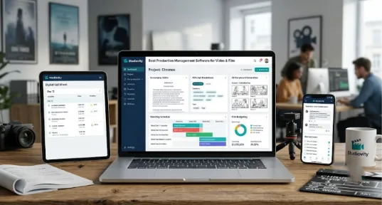 Studiovity production management software interface open on a laptop, tablet, and smartphone on a wooden desk with a film clapperboard and camera in the background.