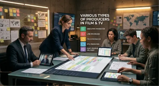 A team of diverse film producers sits around a large conference table in a modern production office. A woman at the head of the table points to a large horizontal screen displaying a calendar schedule. A man next to her is on a video call on his tablet. The office walls have sticky notes and world maps. On the right, other team members are working on their laptops. The image features a list with colored icons identifying five types of producers: Executive, Line, Field, SEG, and Post-Production.