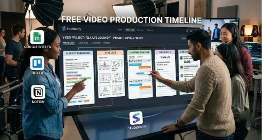 A wide photograph of a movie studio interior with a large diagram detailing the workflow of the Three Phases of Video Production across different dedicated workstations.