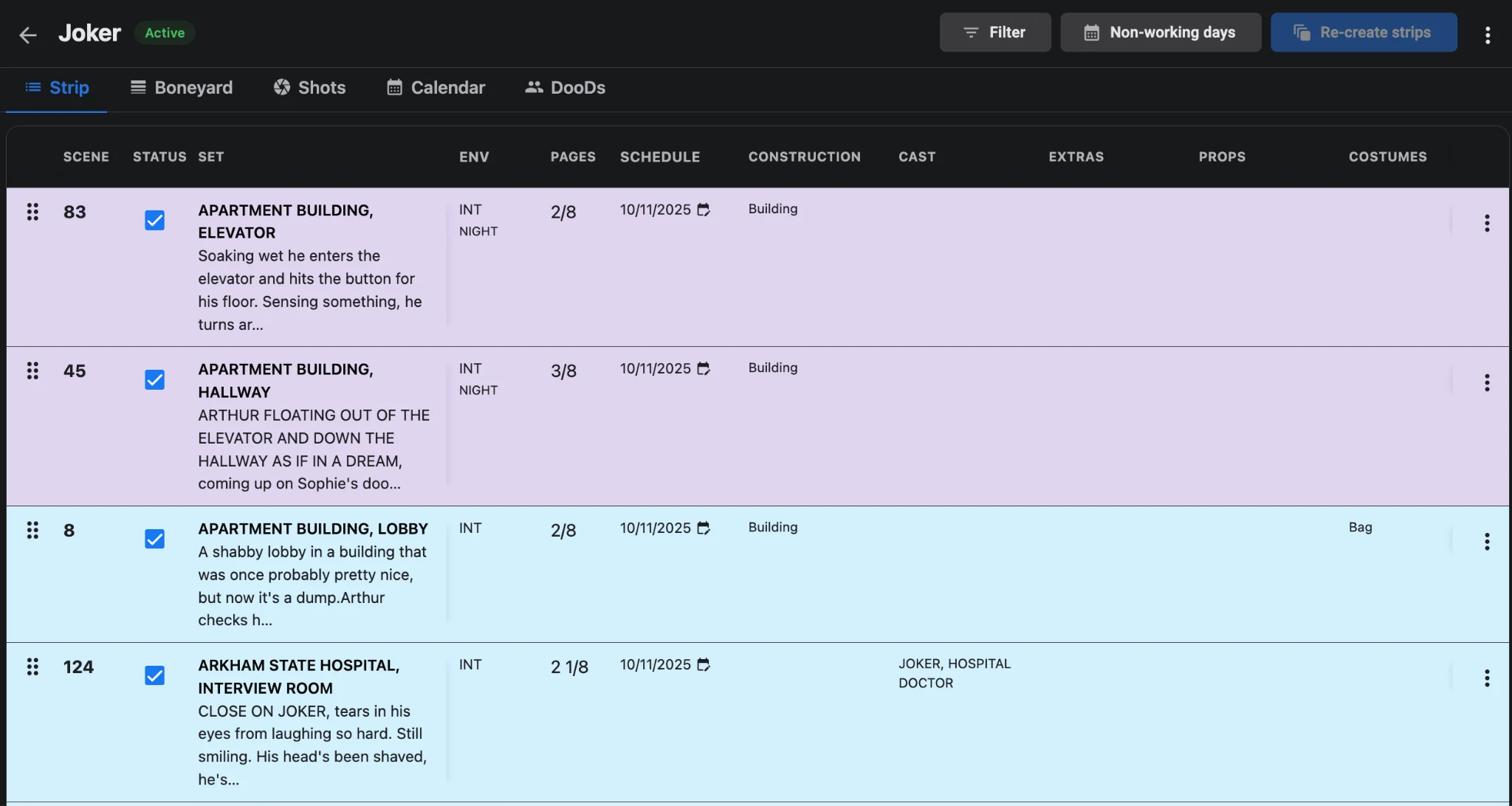 Studiovity stripboard view for the Joker project showing color-coded scene strips with set, environment, pages, schedule date, and cast columns in dark mode