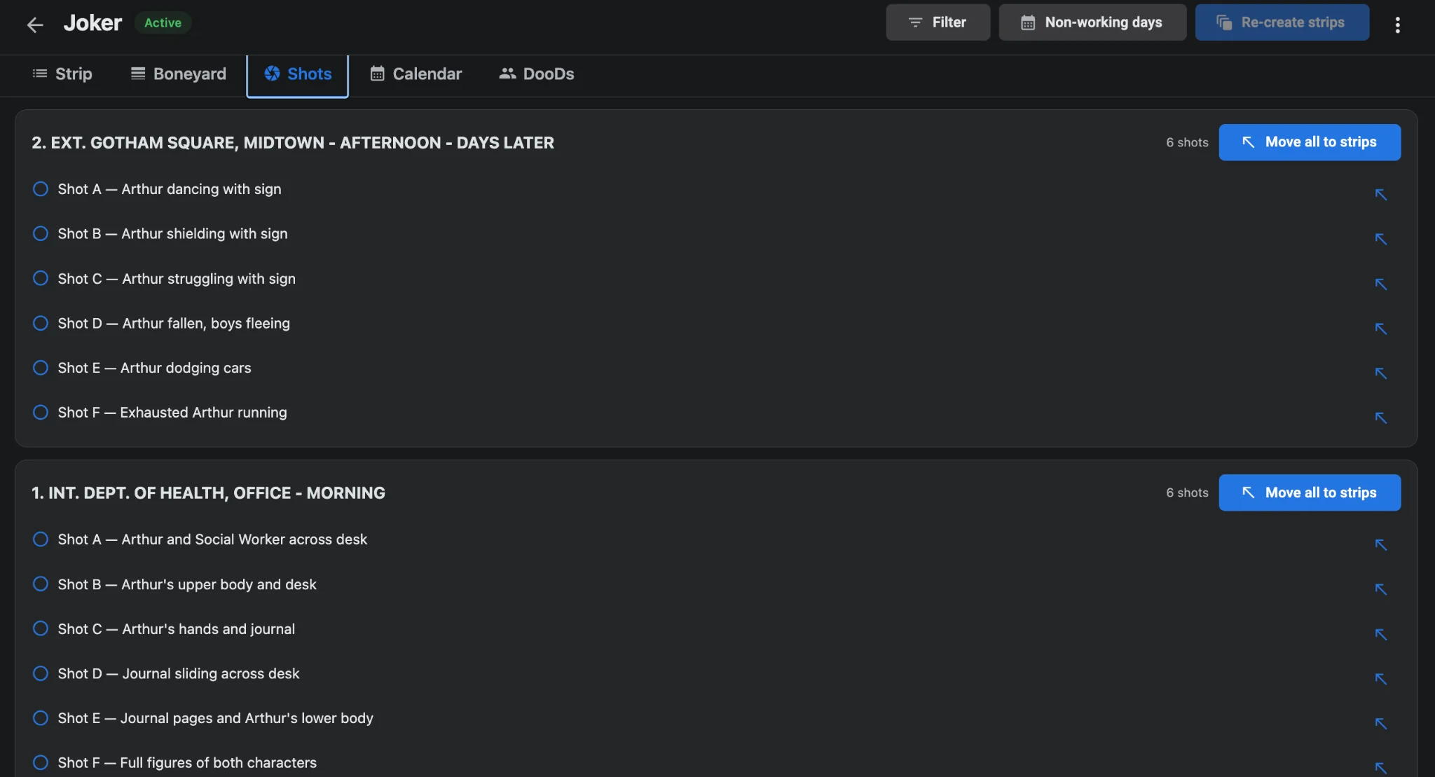 Studiovity Shots tab for Joker listing Shot A through F per scene with Move all to strips buttons in dark mode