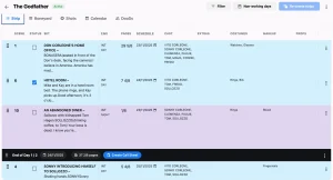 Studiovity Godfather stripboard showing scene strips, End of Day 1 marker with page count, and Create Call Sheet button