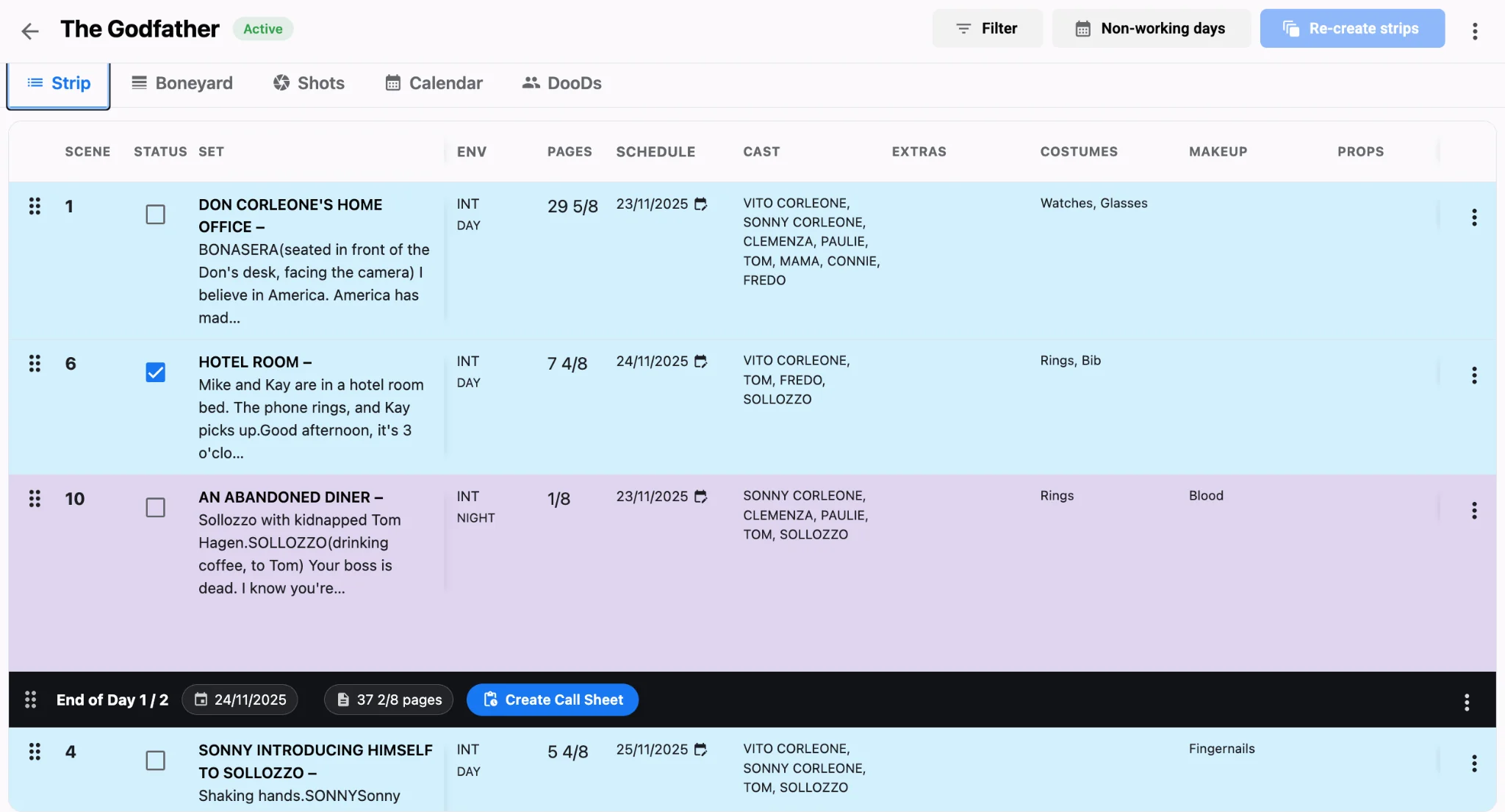 Studiovity Godfather stripboard showing scene strips, End of Day 1 marker with page count, and Create Call Sheet button