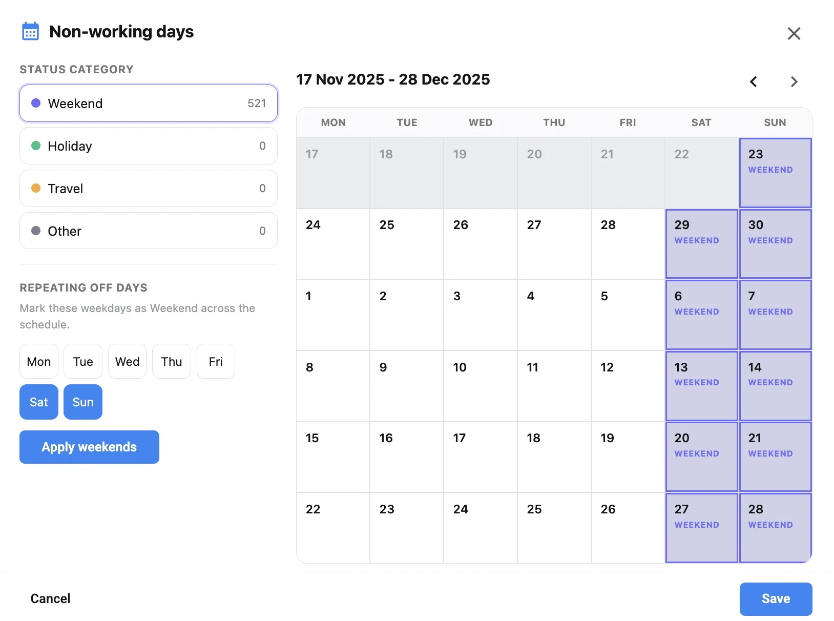 Studiovity Non-working days dialog with Weekend Holiday Travel categories and a calendar highlighting Saturday and Sunday as WEEKEND