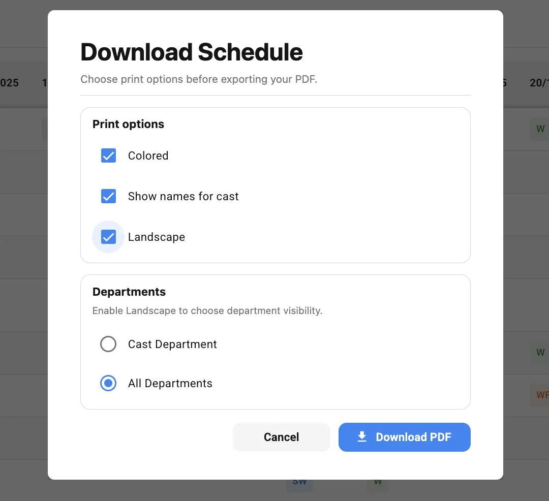 Export & Download Schedule Options