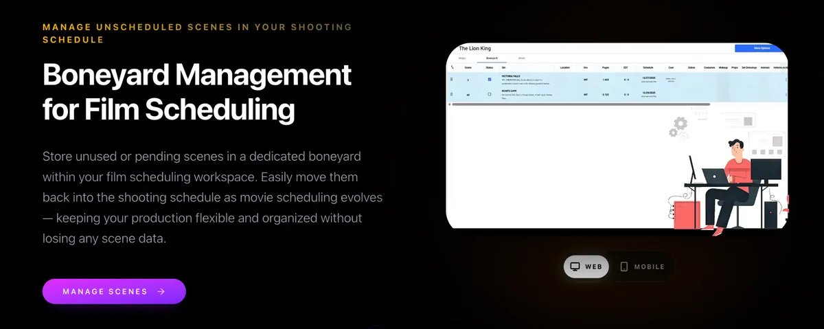 Studiovity boneyard management storing dropped scenes outside the shooting schedule