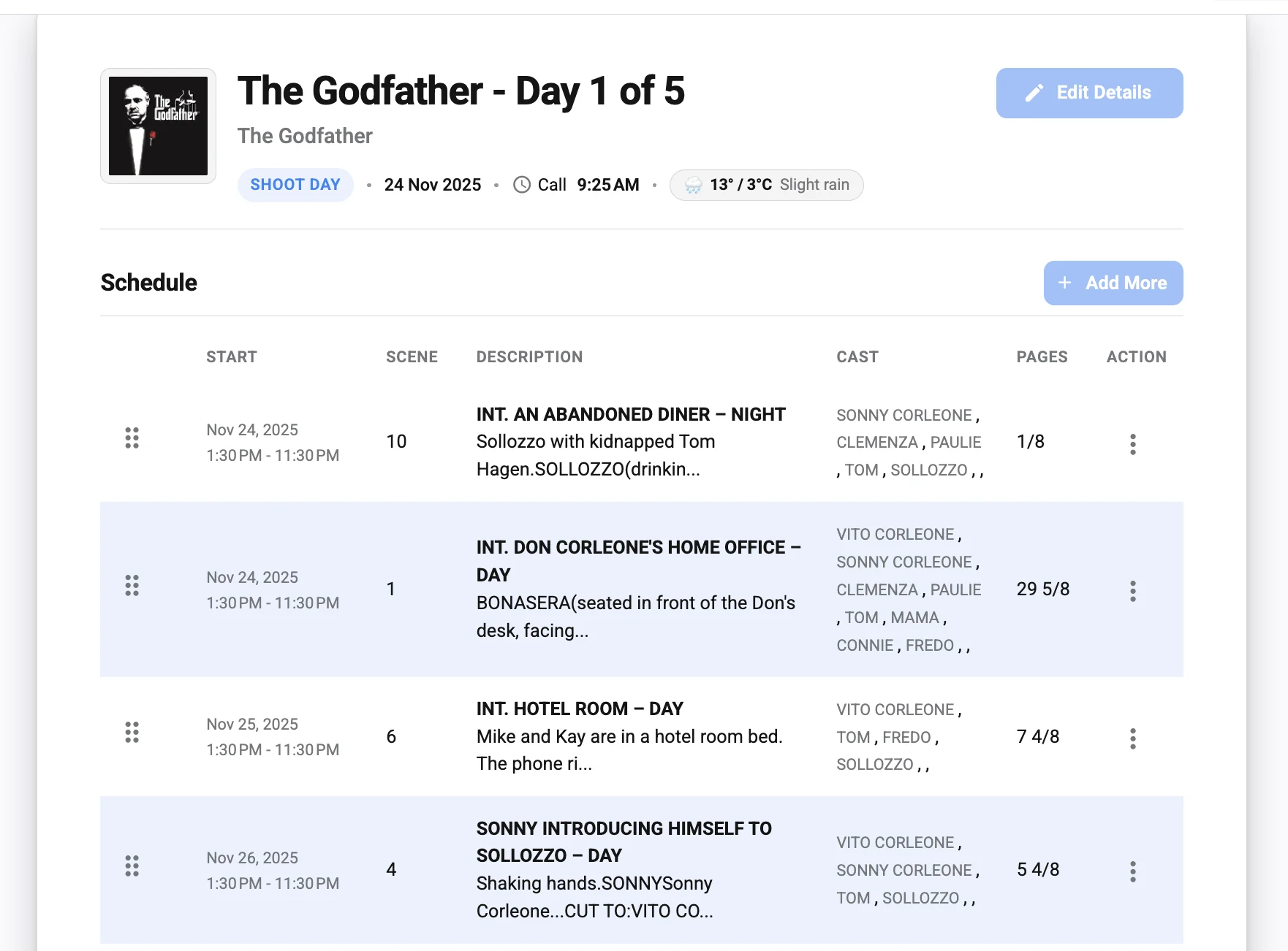 Studiovity call sheet for The Godfather Day 1 of 5 showing the Shoot Day tag, 24 Nov 2025 date, 9:25 AM call time, slight-rain weather, and a schedule table with scenes, cast, and pages