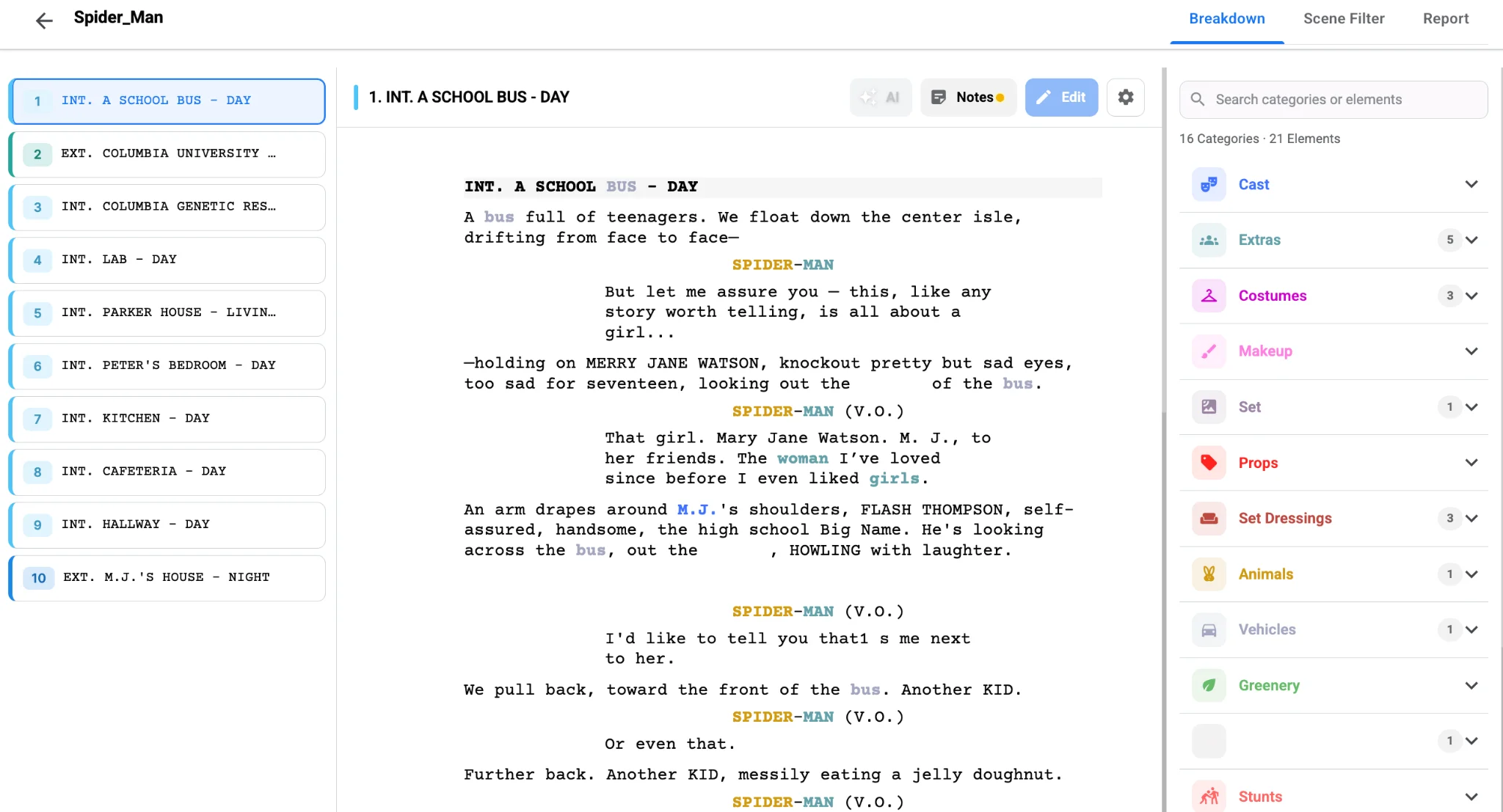 Using AI for script breakdown: Studiovity editor with highlighted screenplay elements sorted into cast, props and costume categories