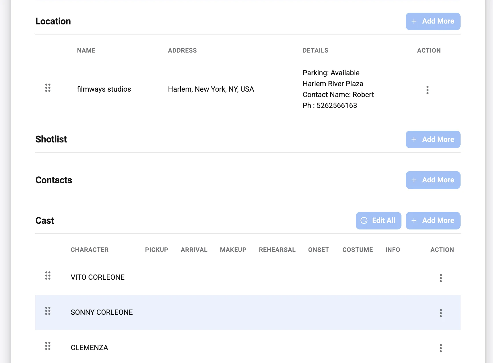 Studiovity call sheet editor showing a Location table with Filmways Studios address and parking details, Shotlist and Contacts sections, and Cast rows for Vito Corleone, Sonny Corleone, and Clemenza with pickup, arrival, makeup, rehearsal, and on-set columns