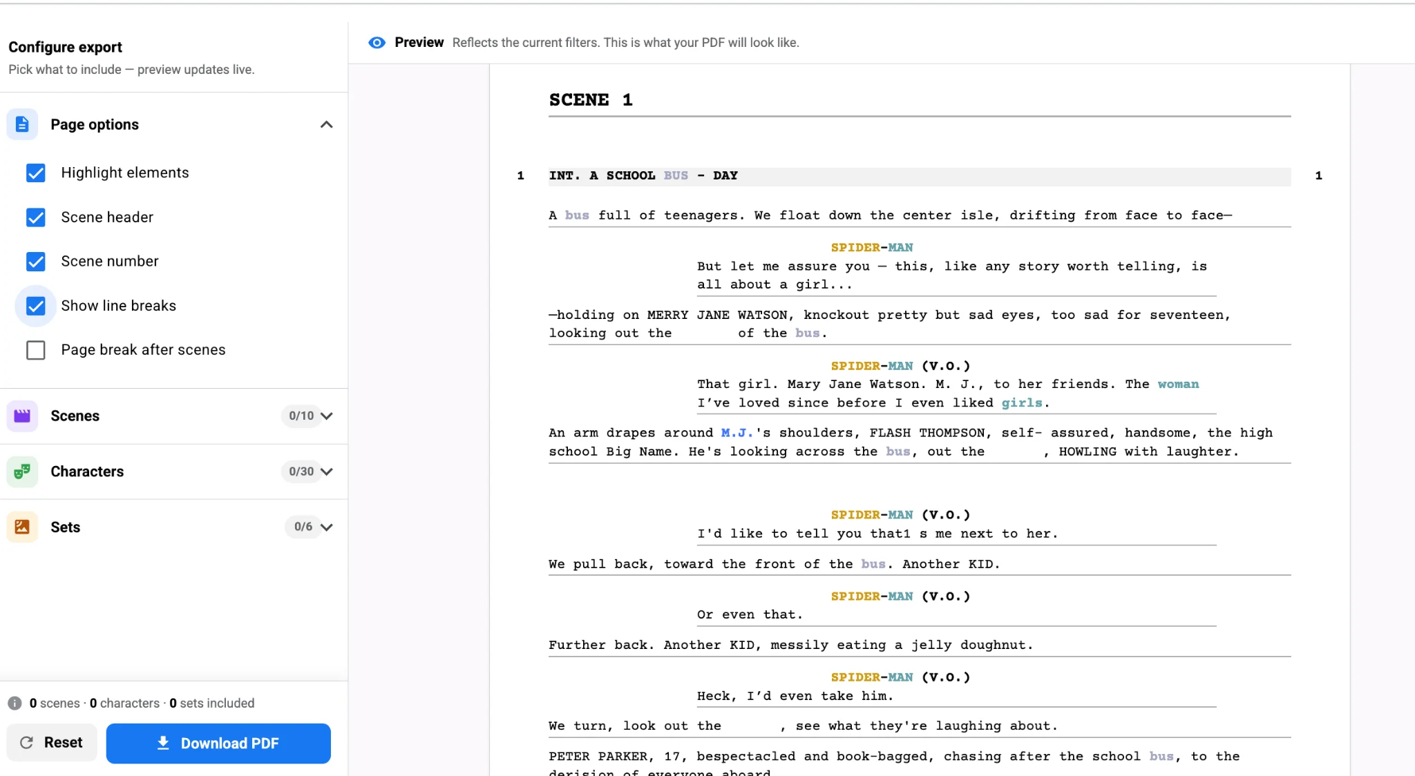 Configure export panel for a tagged screenplay with highlighted elements, scene headers and scene numbers, filtered by scenes, characters and sets before PDF download
