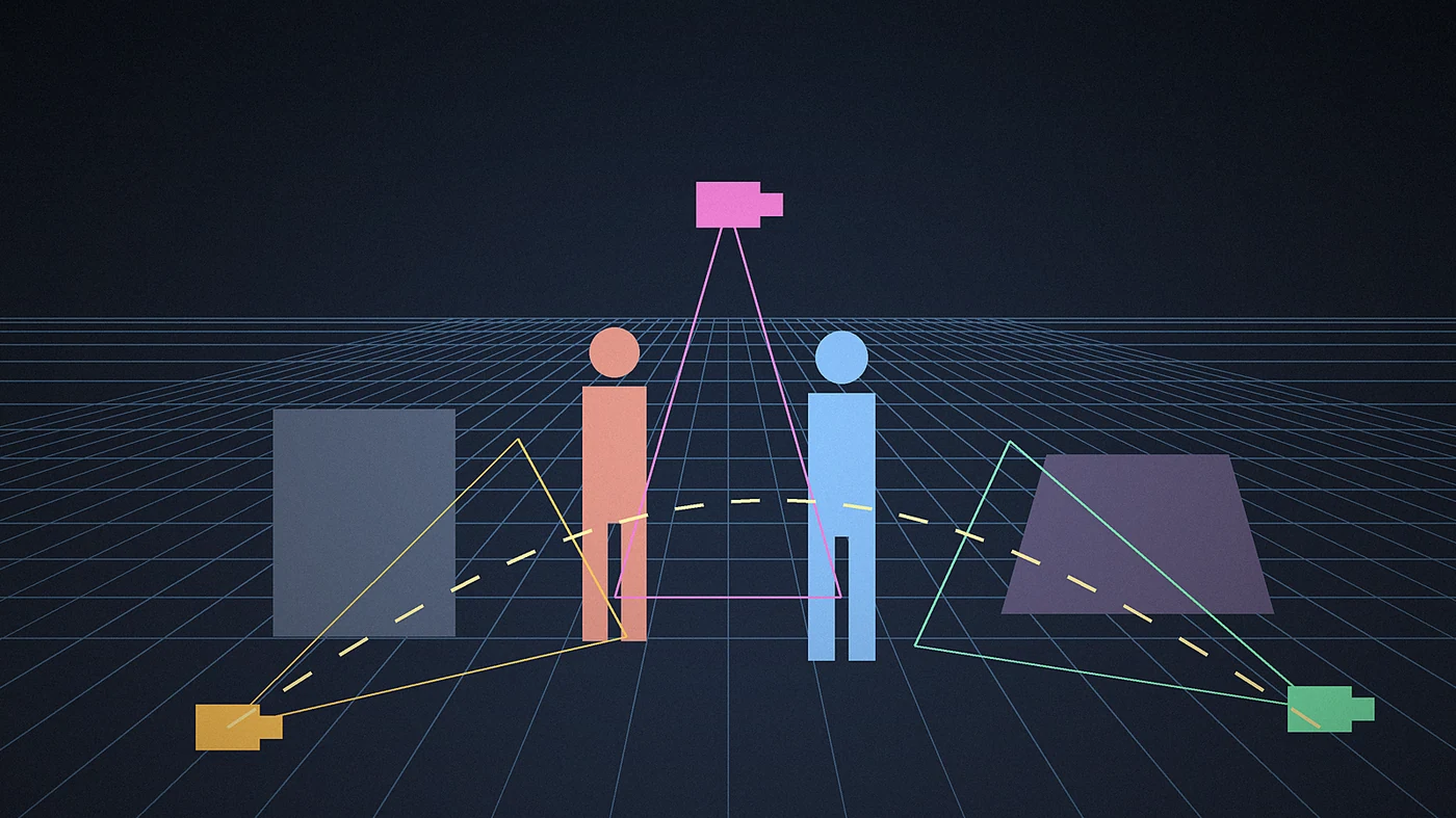 Illustration of a 3D director console with block figures on a grid floor and three virtual cameras with view cones and a dotted camera path