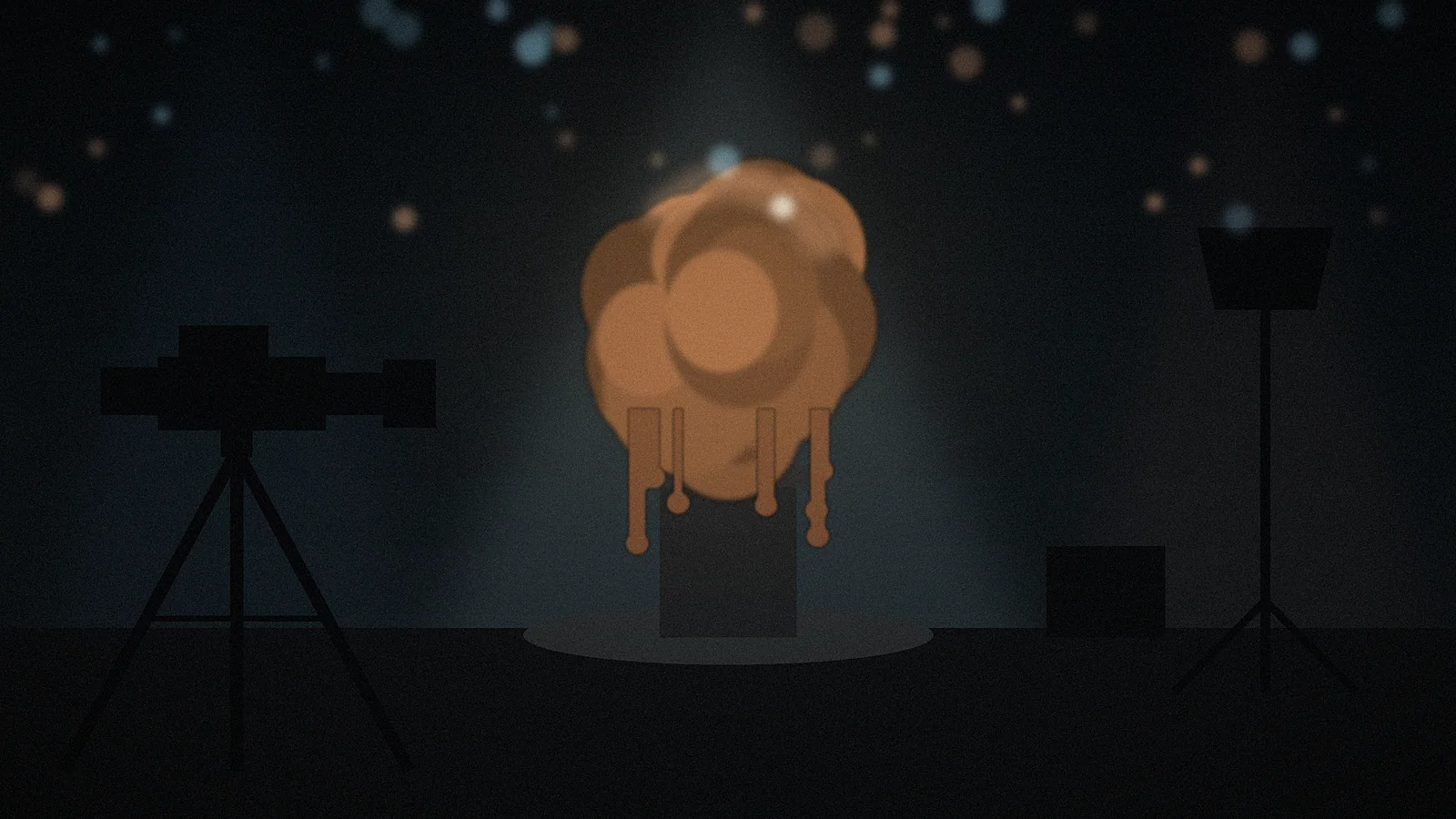 Clayface box office illustration: abstract clay sculpture under a spotlight on a dark horror film soundstage with a cinema camera