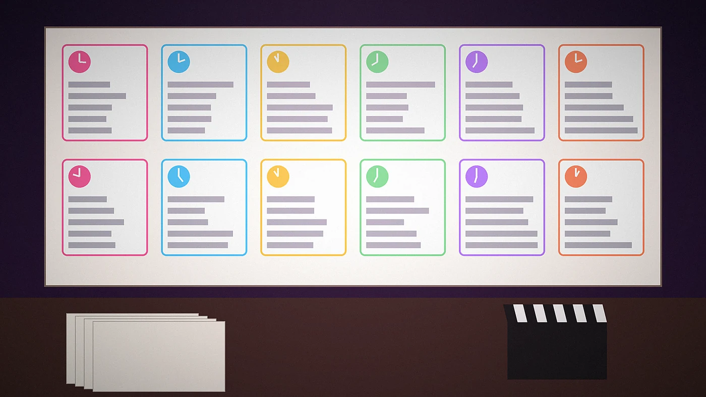 Illustration of an ensemble cast call time board with twelve colour-coded cast cards and clock icons above a desk with call sheets and a clapperboard