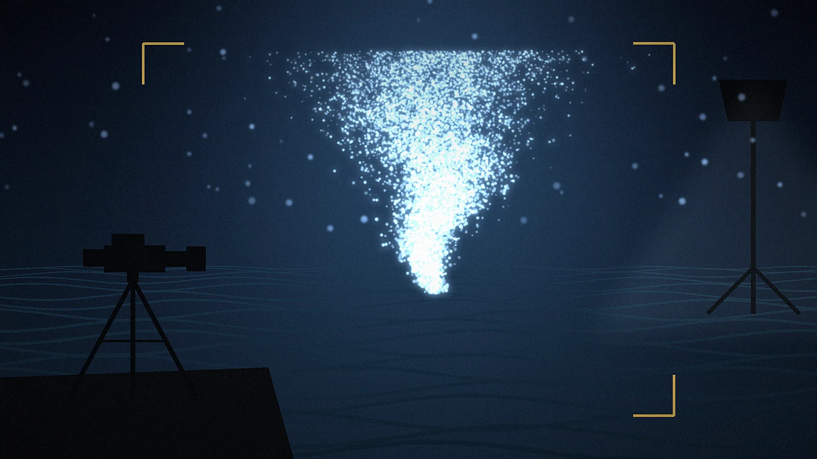 Godzilla Minus Zero VFX illustration: a towering particle spray rising from a stormy night sea inside IMAX frame guides, with a cinema camera on a stage