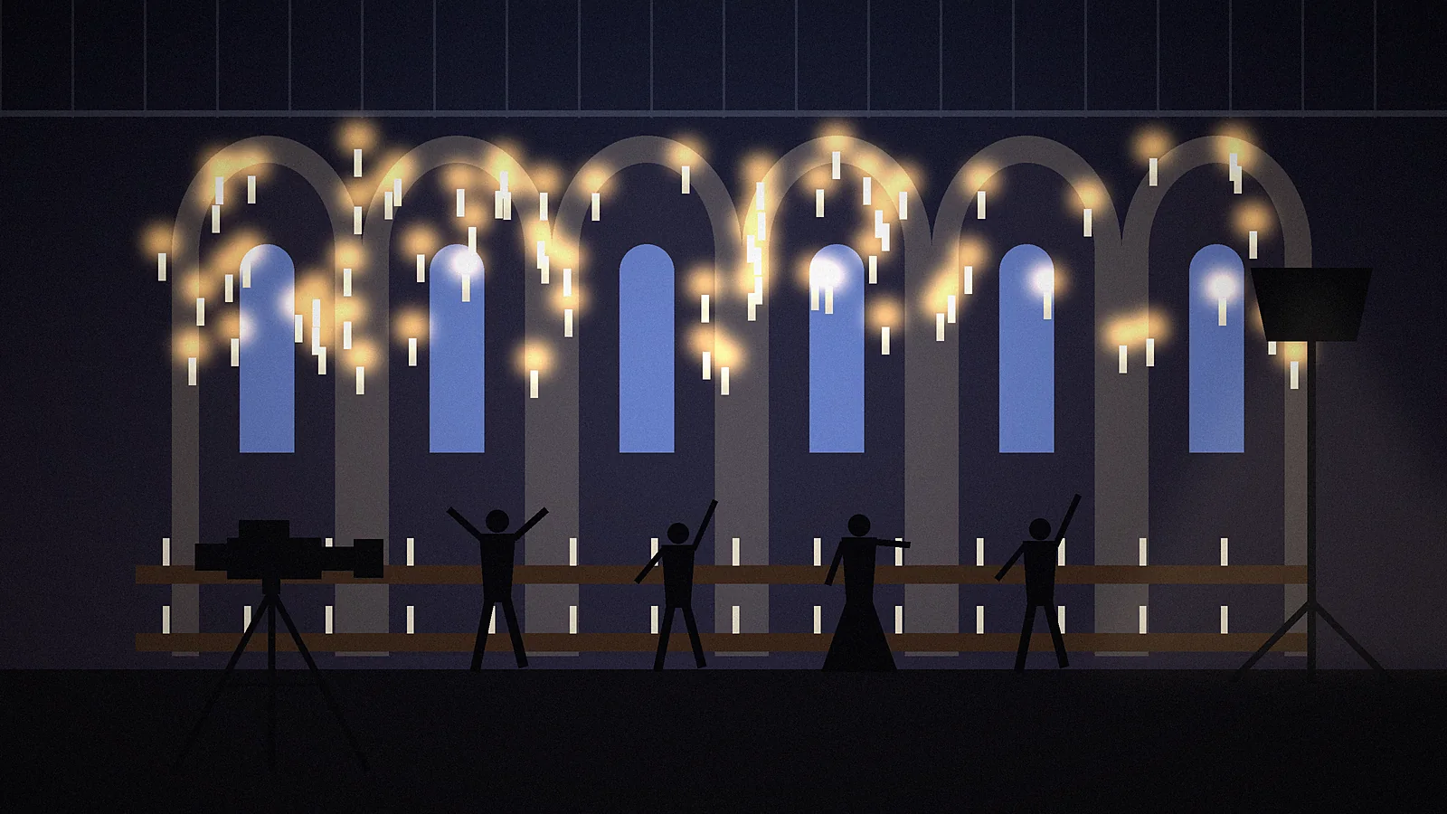 Harry Potter Hbo Series Cast Castle Hall Soundstage Hero Harry Potter HBO series cast illustration: a gothic castle hall set on a soundstage with arched windows, floating candles, long tables, a cinema camera and faceless crew silhouettes