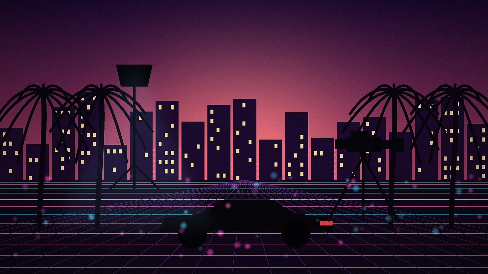 Miami Vice '85 cast shoot illustration: neon 1980s Miami street set at dusk with palm trees, a sports car silhouette, cinema camera and light stand