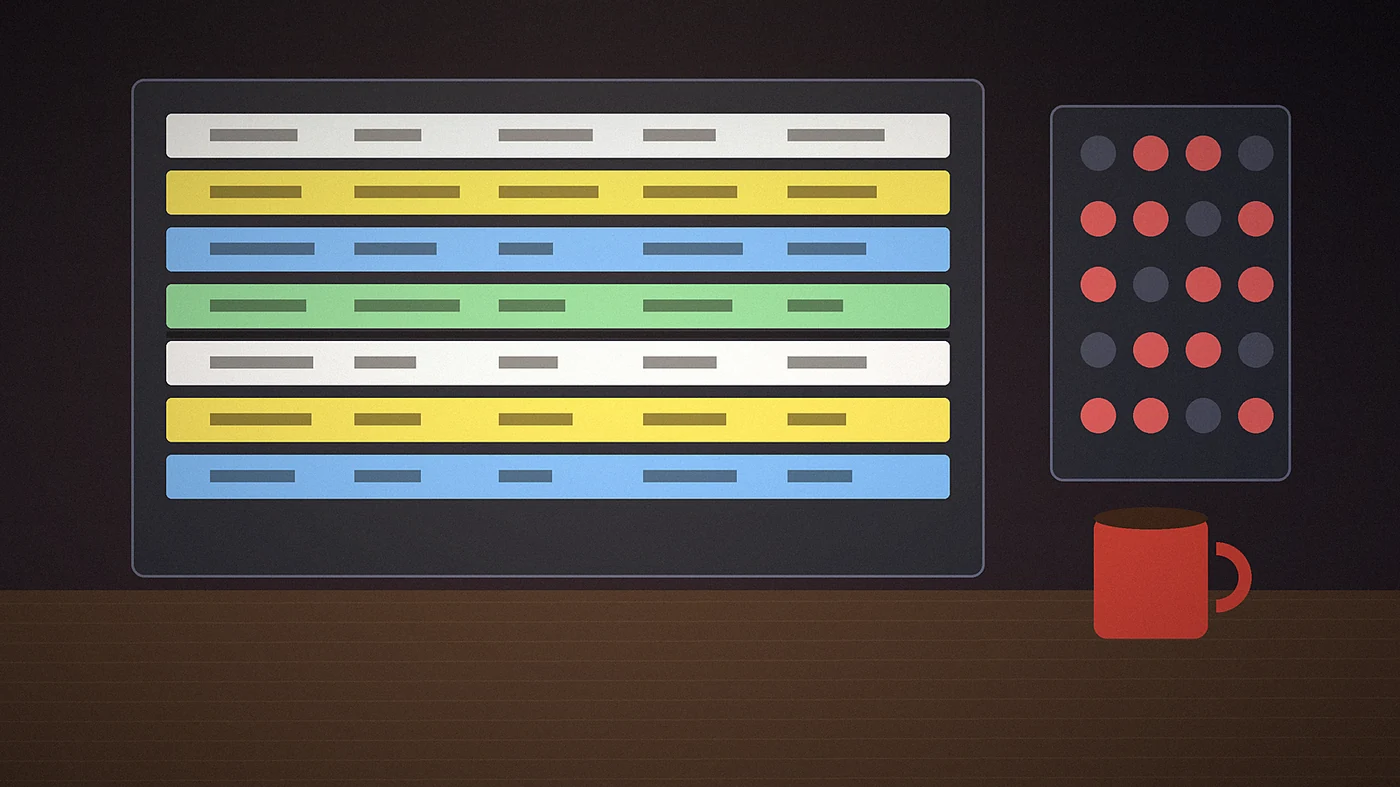 Illustration of a compact shooting schedule board with a few colour-coded strips and a cast availability grid next to a coffee mug