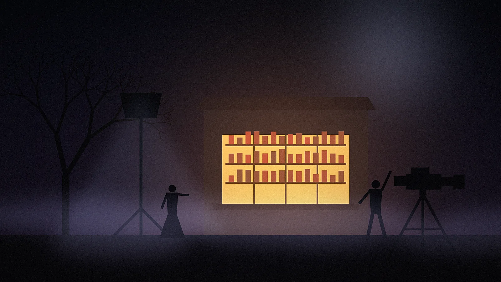 Obsession OTT release illustration: a micro-budget horror night shoot outside a glowing small-town shop with fog, one light stand, a cinema camera and faceless crew silhouettes