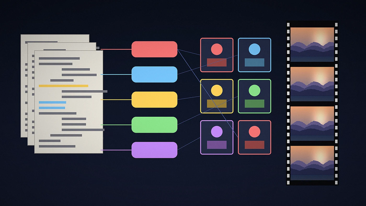 Illustration of screenplay pages turning into colour-coded element tags, reference cards and a film strip of consistent frames