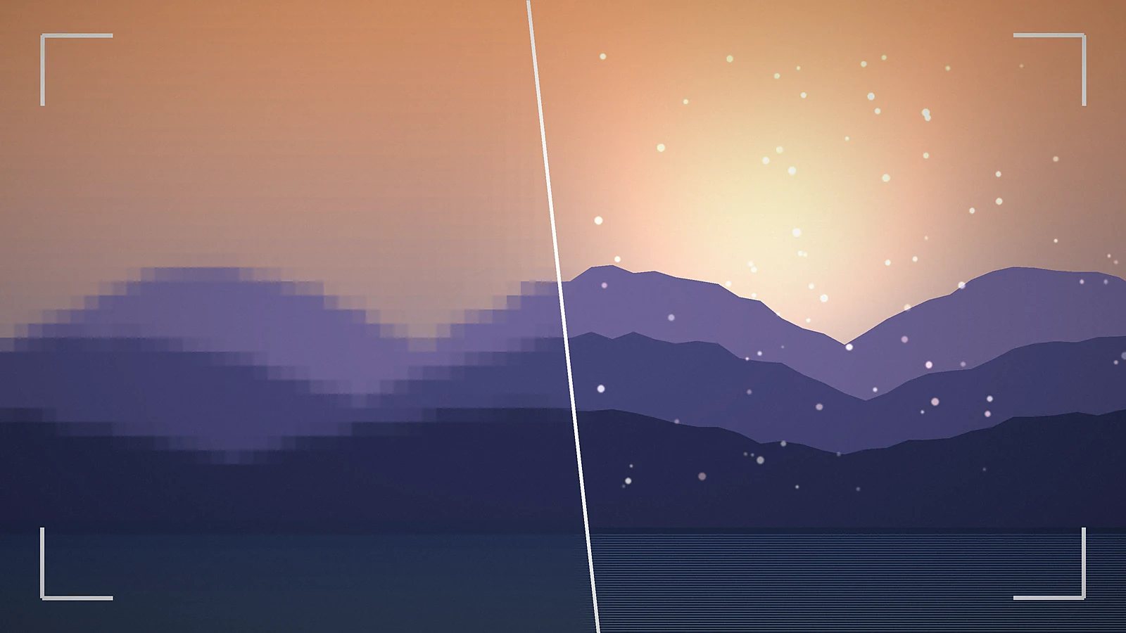 Seedance 2.5 4K illustration: a mountain landscape frame split between a pixelated low-resolution draft on the left and a crisp detailed final on the right
