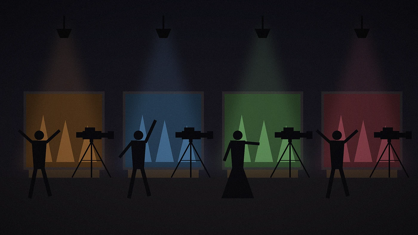 Stop Motion Animation Production Parallel Stages Illustration of stop-motion animation production with four parallel stages, each lit in a different colour with its own camera