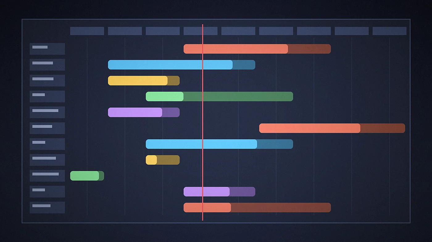 Illustration of a VFX shot deadline board with colour-coded progress bars across calendar columns and a red today marker